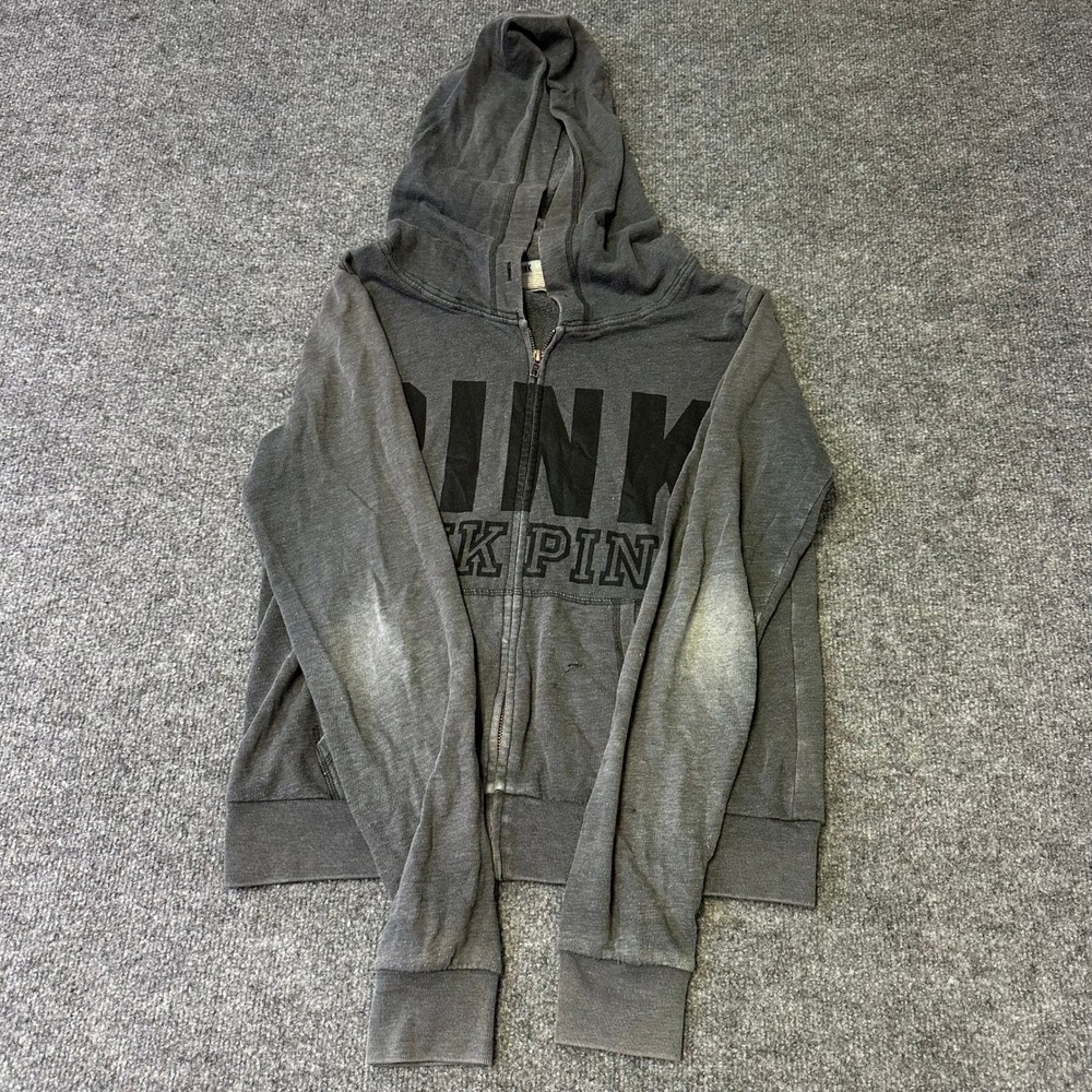 Pink Hoodie Womens Size M Gray Zip Up Graphic Logo Distressed Faded Casual